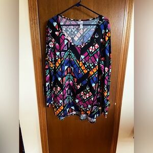 LuLaRoe Black V-Neck Long Sleeve Top with Multicolor Geometric Print lularoe 3x